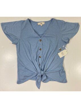 Pinque Womens Top Blue Button-Up Front Tie Short Sleeve V-Neck Size Medium